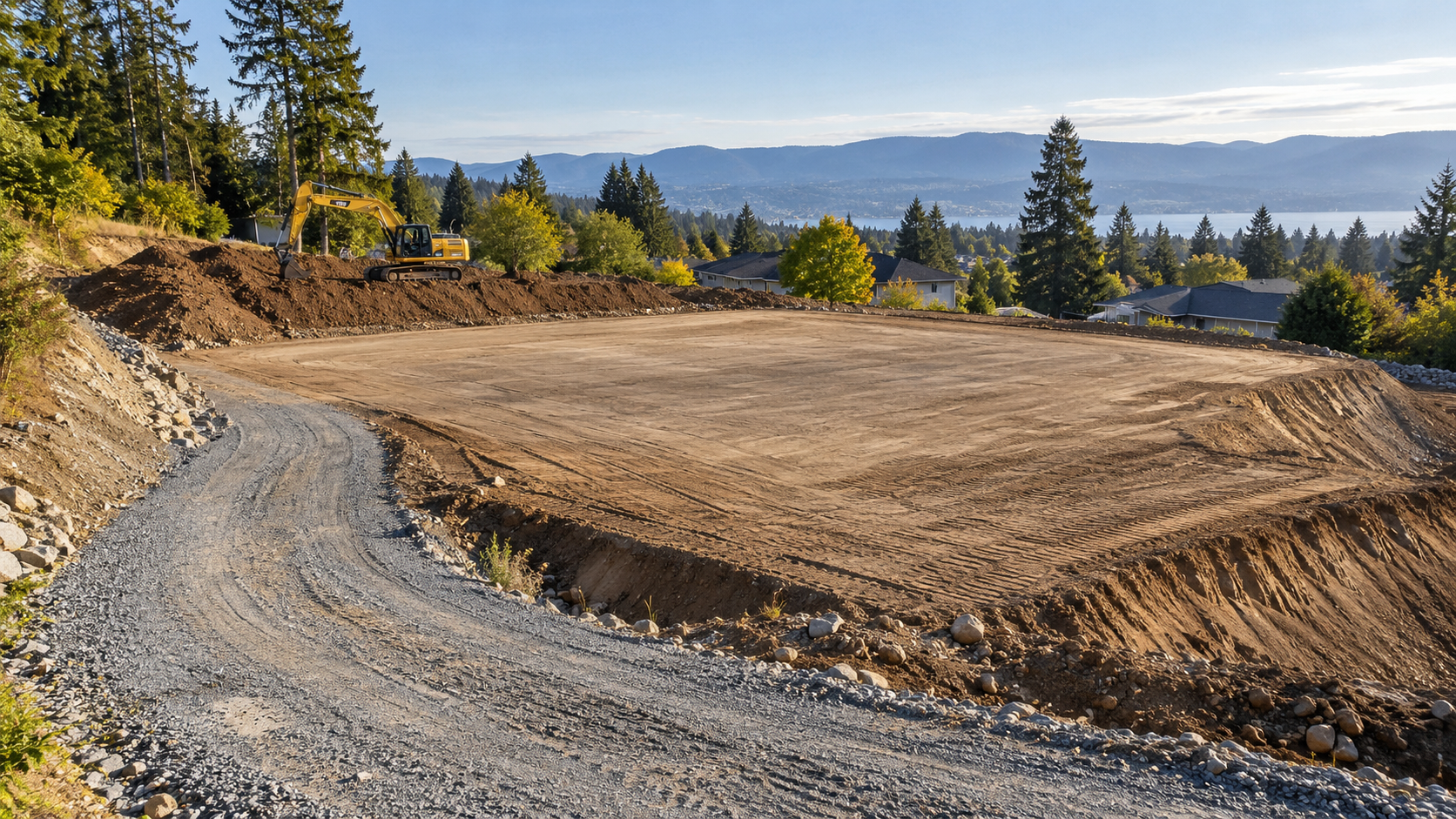 Gravel road curving around a large graded dirt lot with trees and distant hills under a clear sky