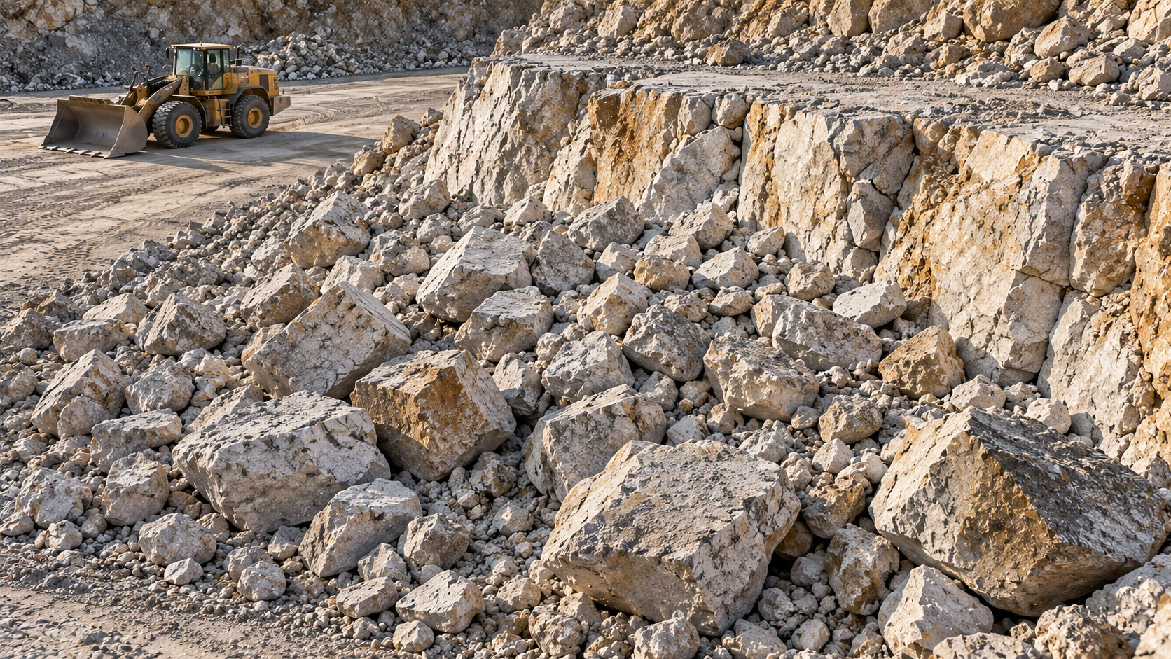 Bulldozer in a rocky quarry beside a steep pile of excavated stone