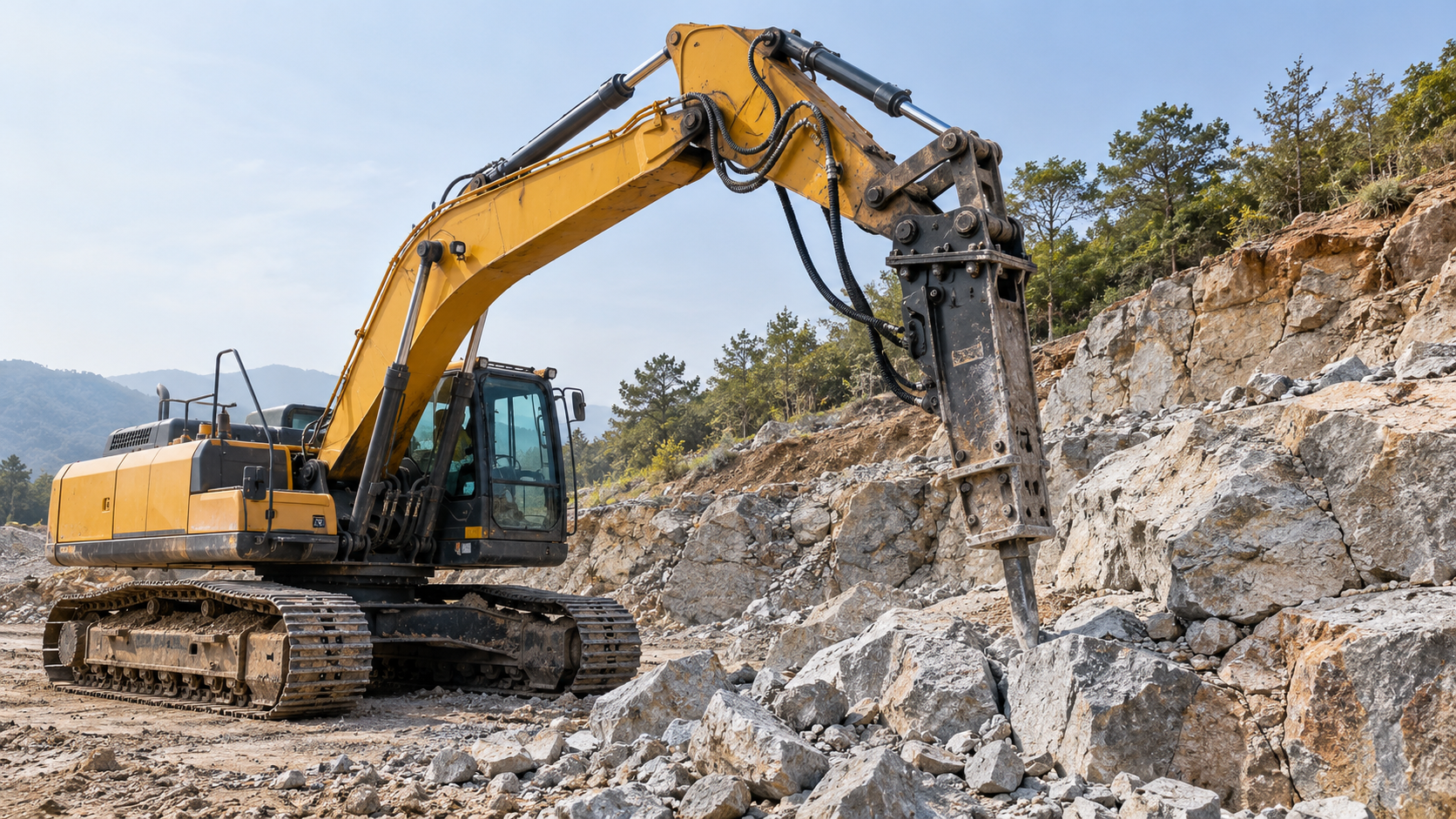 Yellow excavator breaking rock on a quarry hillside