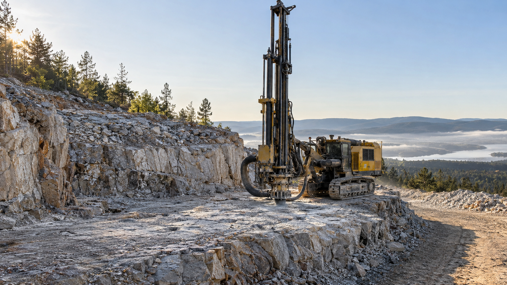 Drilling rig on a rocky quarry edge with forest and a distant lake under morning light
