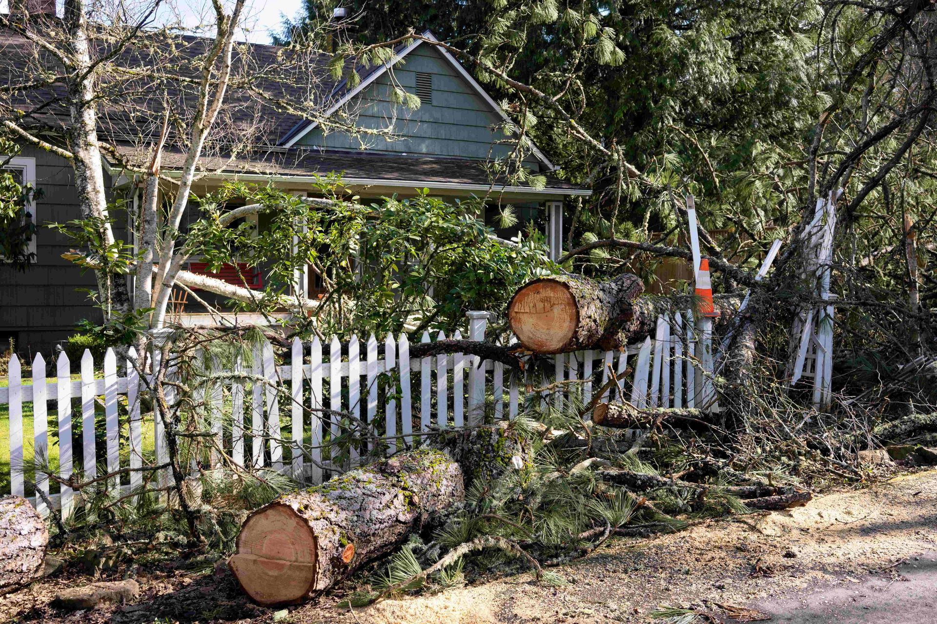 Felled tree trunk and branches piled beside a white picket fence and house after storm damage