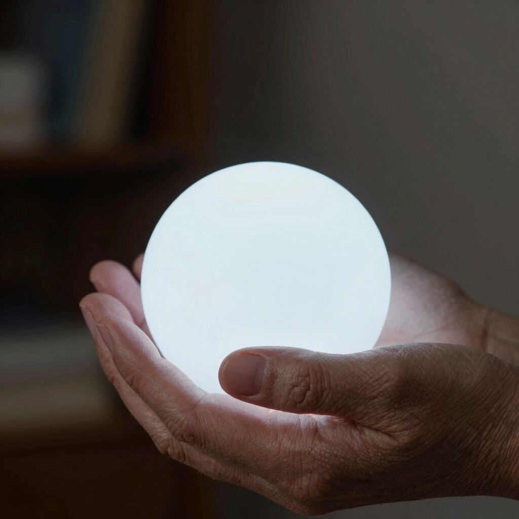 Handen die een gloeiende, witte bol vasthouden.