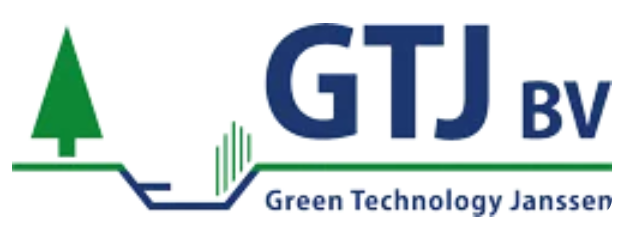 Logo voor Green Technology Janssen: groene boom en gras met blauwe GTJ BV-tekst.