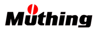 "Müthing"-logo: Zwarte tekst met een rode stip boven de "u", doorsneden door een witte verticale lijn.
