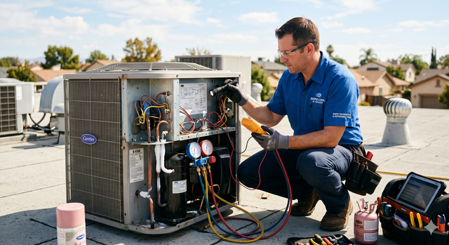 Technician kneels on a rooftop, inspecting an open HVAC unit with tools and test equipment nearby.
