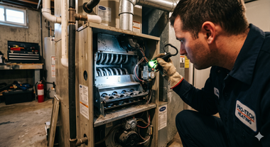 Technician inspecting an open electrical panel with a flashlight in an industrial setting