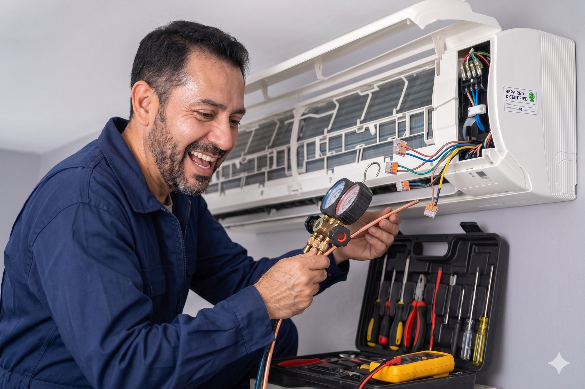 Technician repairing a wall-mounted air conditioner with tools open on a work case