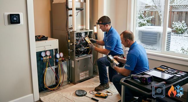 Two technicians in blue shirts inspect electrical equipment in a bright utility room.