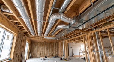 Interior of a house under construction, with exposed wooden framing and silver HVAC ducts on the ceiling.