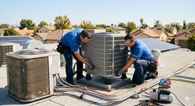 Two technicians in blue shirts servicing rooftop HVAC units on a suburban house.