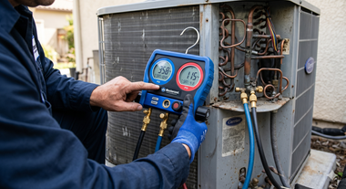 Technician testing an outdoor HVAC unit with a blue manifold gauge set.
