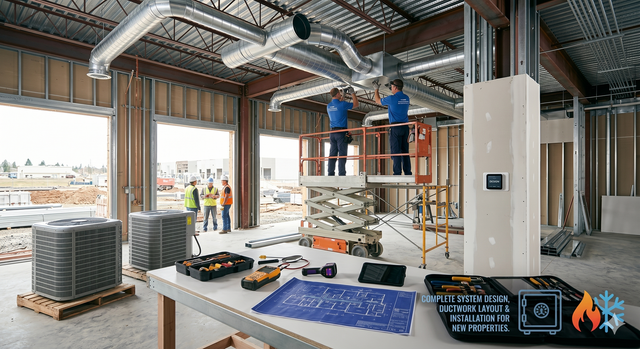 Construction site interior with exposed ductwork, tools, and workers on a scaffold near open garage doors