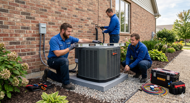 Three technicians servicing an outdoor HVAC unit beside a brick house and garden.