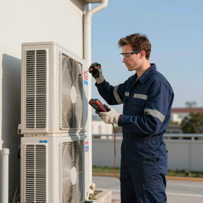Technician in blue coveralls inspects stacked outdoor HVAC units with a multimeter.