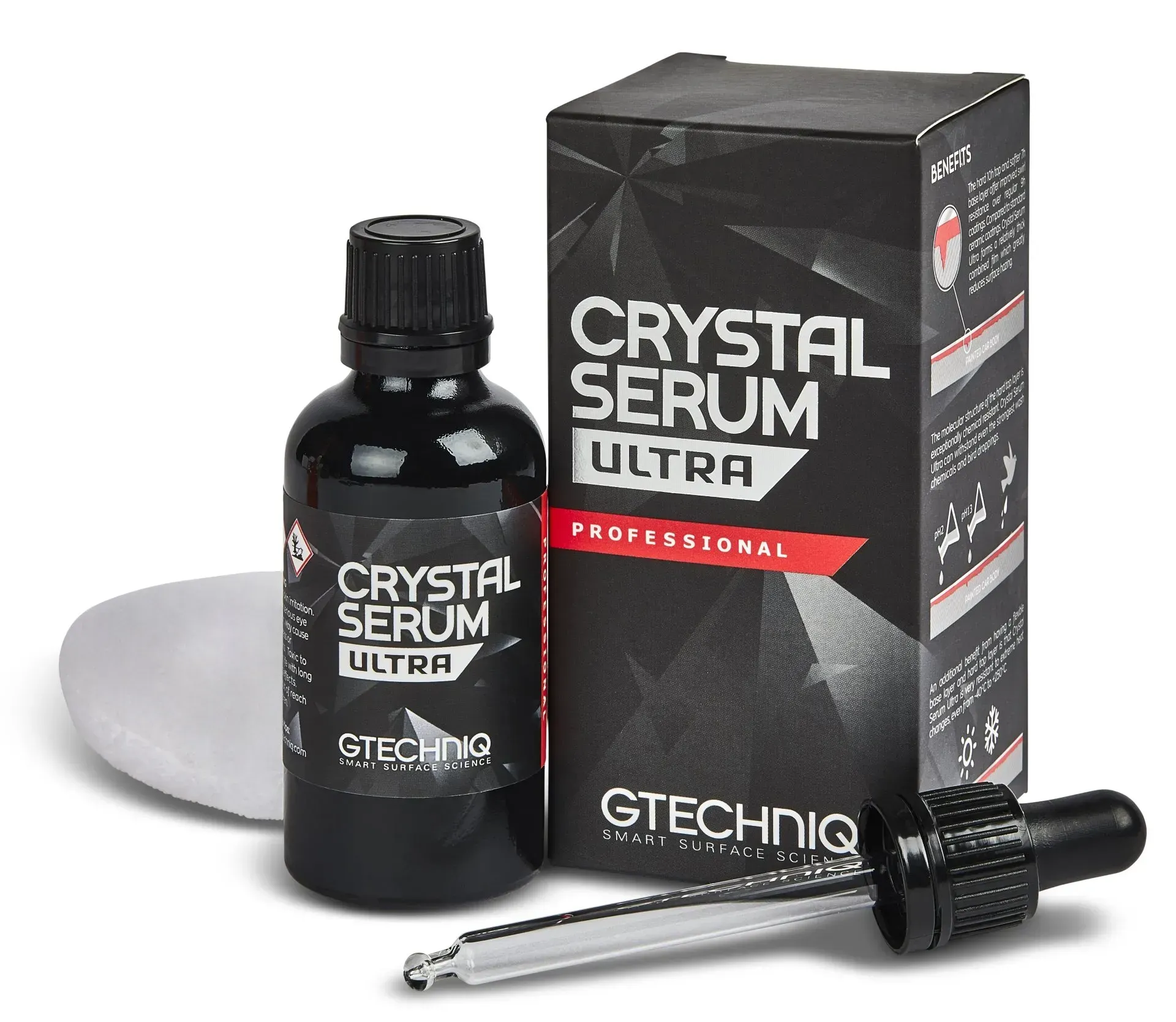 Black Gtechniq Crystal Serum Ultra bottle, box, and applicator on white background