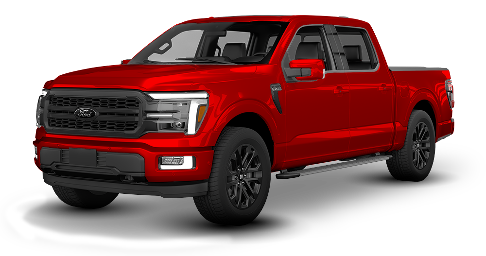 Red pickup truck in bright red, front-left view on a white background
