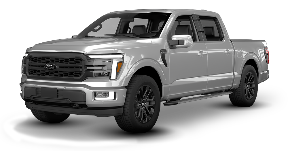 Silver crew cab pickup truck in a studio-style side view on a white background