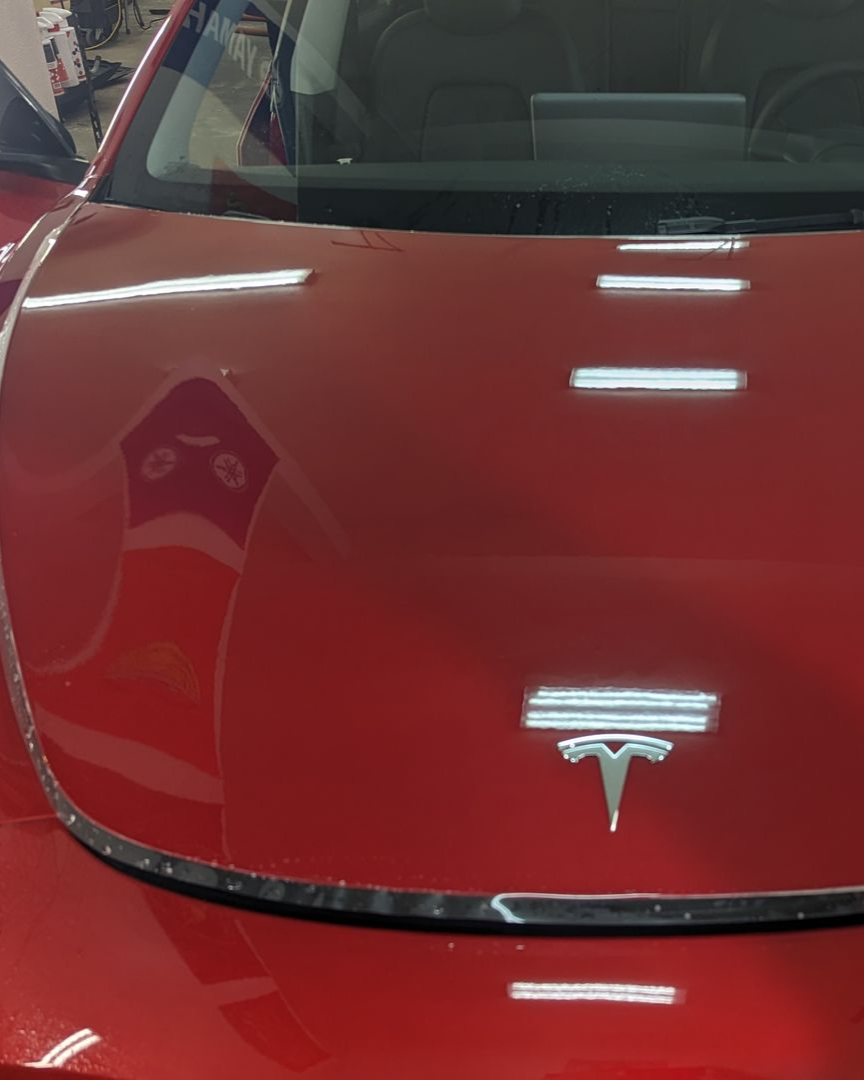 Front view of a red Tesla car hood with the silver Tesla logo, indoors under bright lights