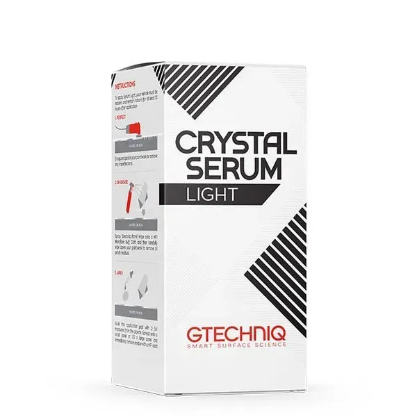 White GTECHNIQ Crystal Serum Light product box with black diagonal stripes and red logo