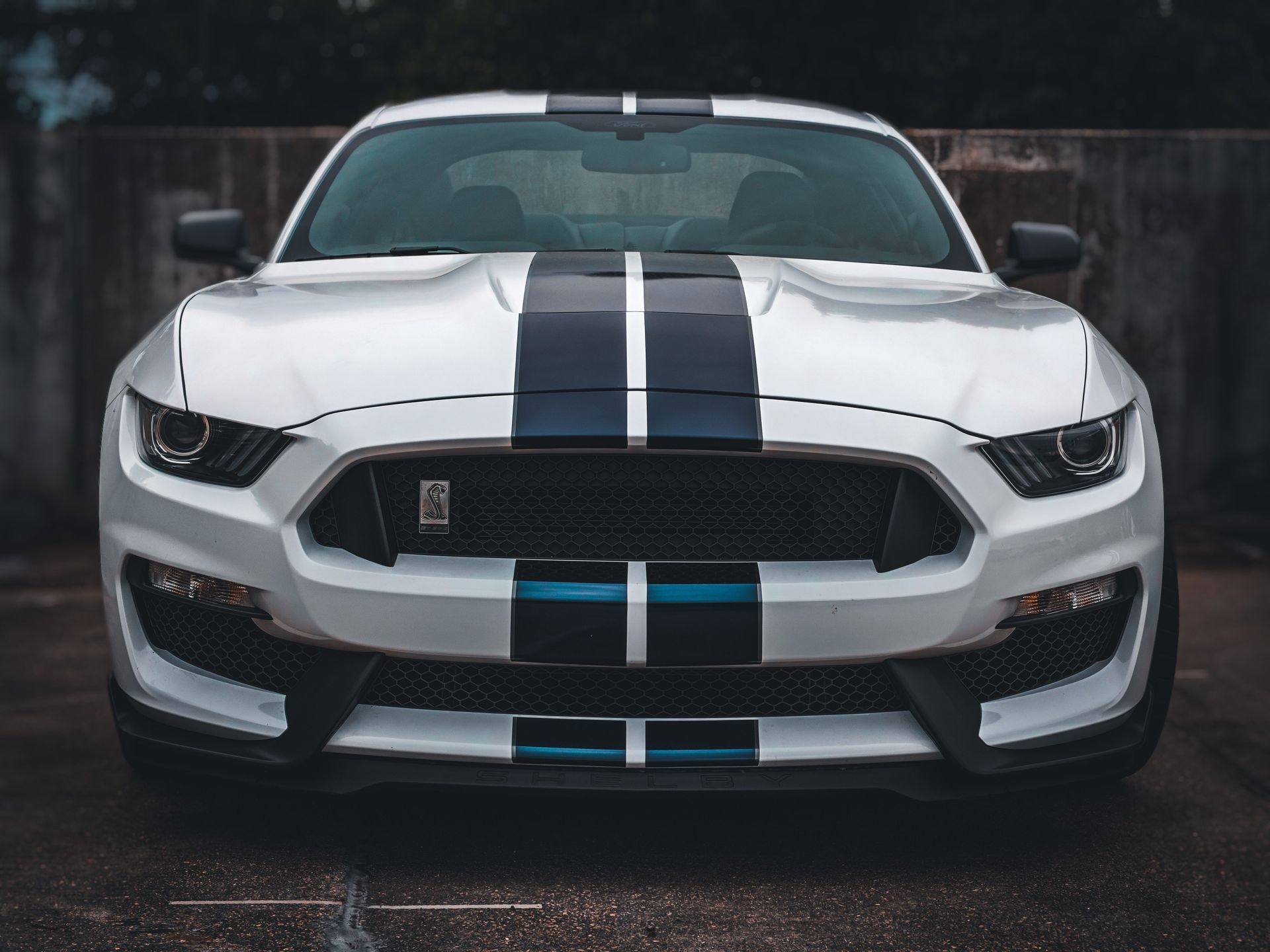 Front view of a white sports car with black racing stripes, parked on a dark street.