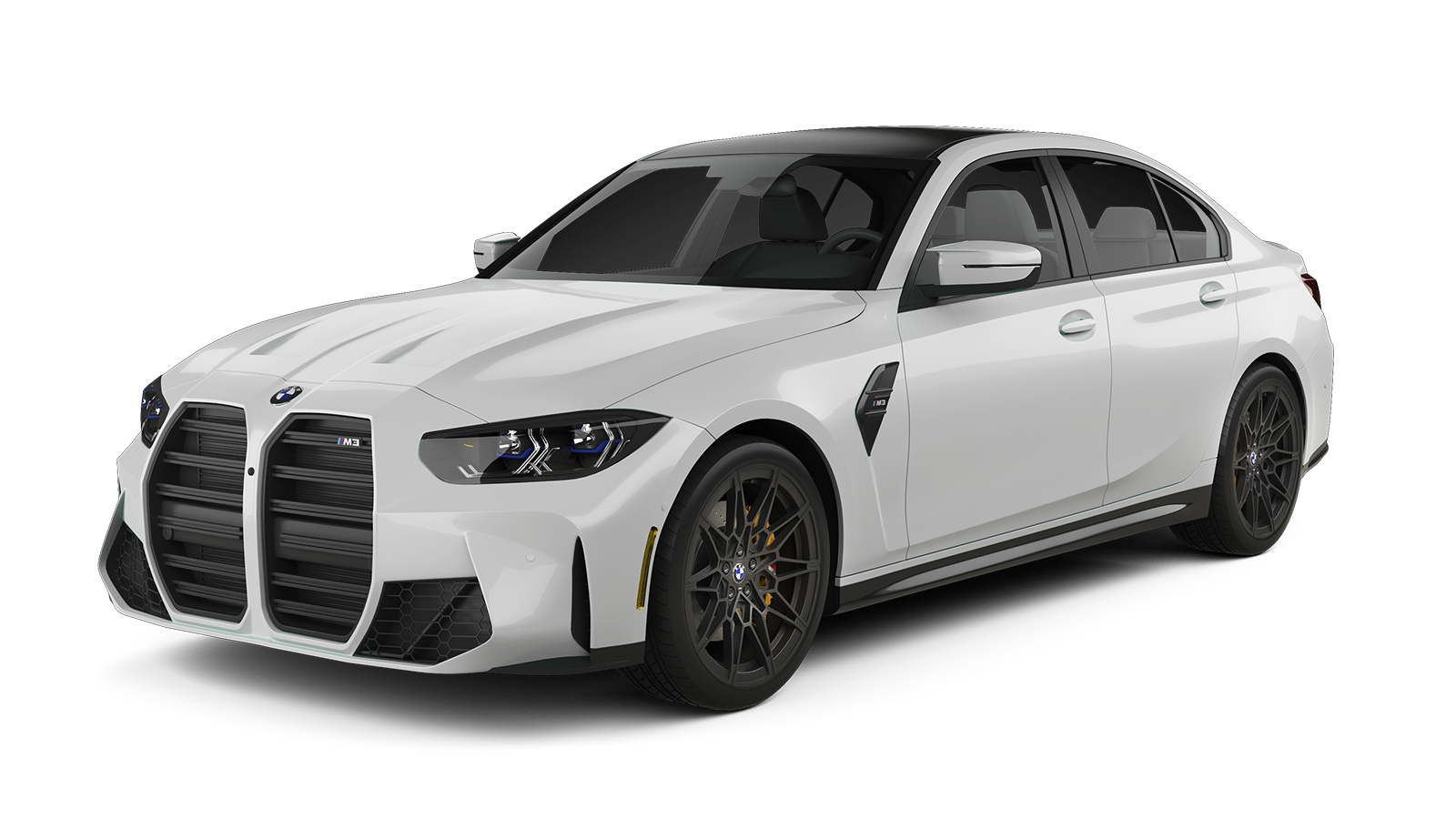 White BMW M3 sedan with black accents, parked outdoors.