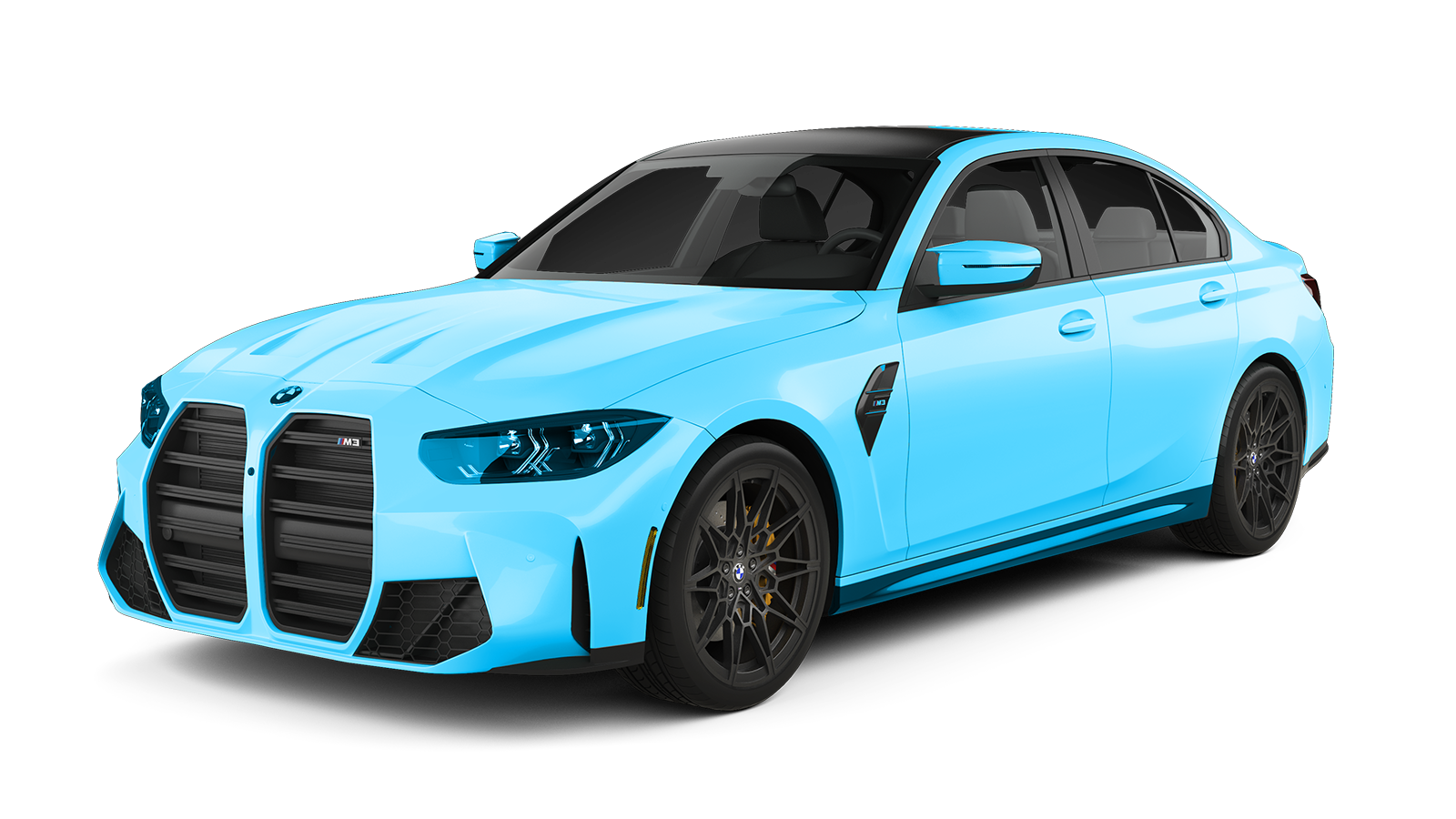 Light blue BMW M3 sedan with black accents.