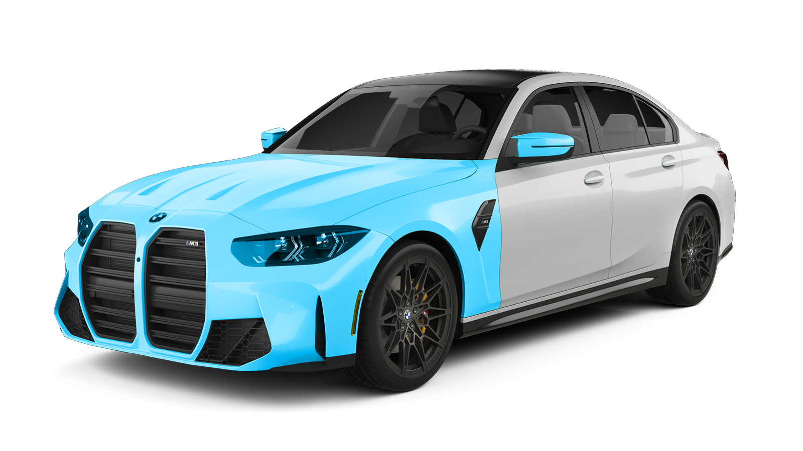 A silver BMW M3 car with light blue film applied to the front.