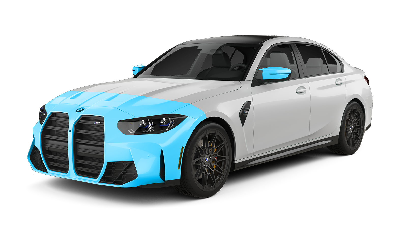 White BMW sedan with blue highlights, likely showing paint protection film coverage.