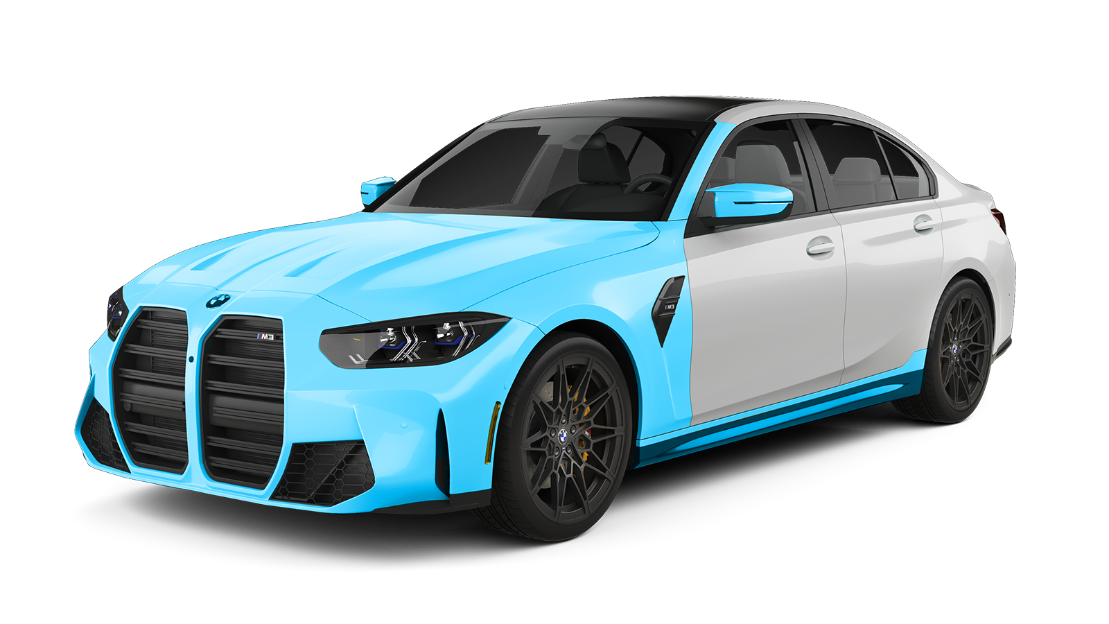 Blue and silver BMW M3 sedan.