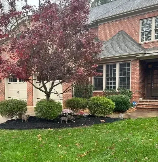 A brick house with a large lawn and a tree in front of it.