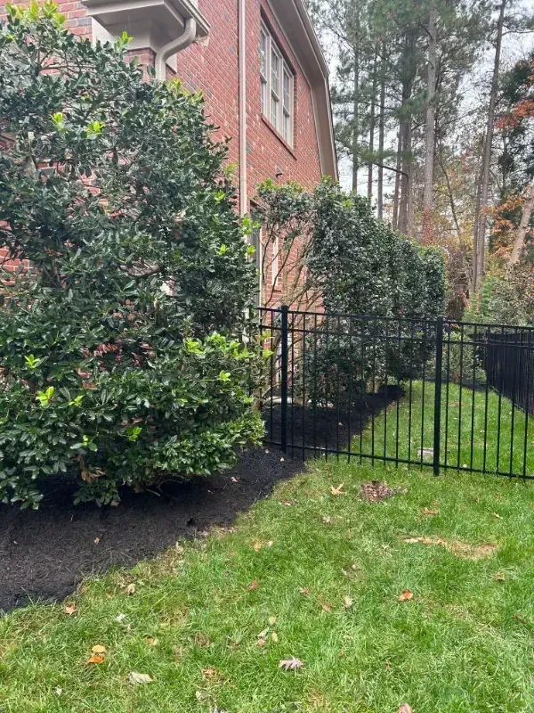 A black fence surrounds a lush green yard in front of a brick house.
