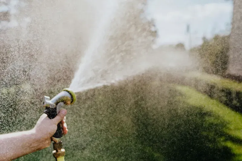 A hand holds a garden hose nozzle, spraying a mist of water over a green lawn and hedge.
