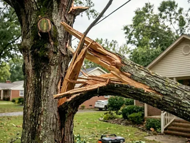 A large tree branch has snapped and split from its trunk in a suburban yard near a residential house.