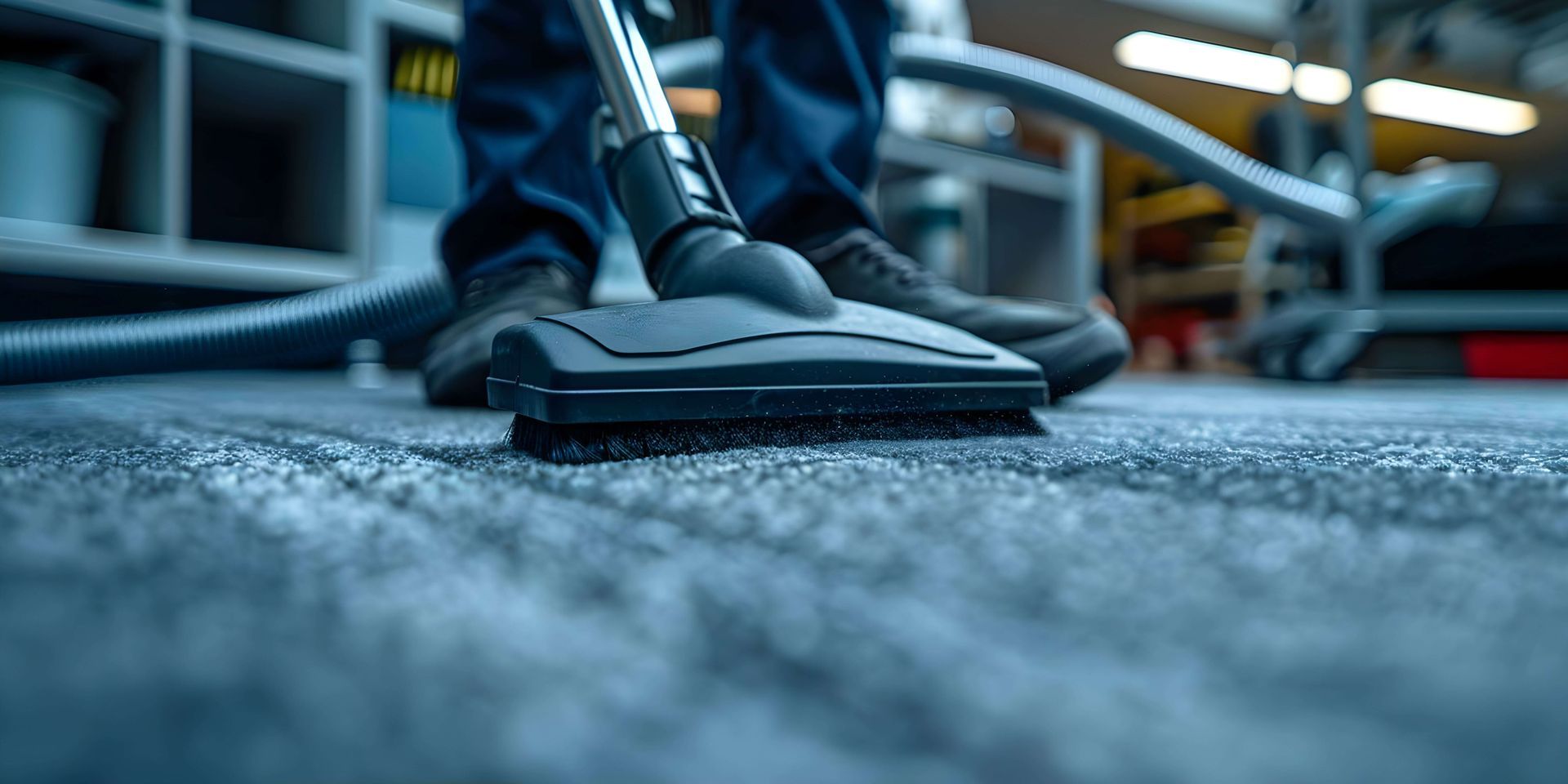 A person vacuuming a blue carpet with a vacuum cleaner.