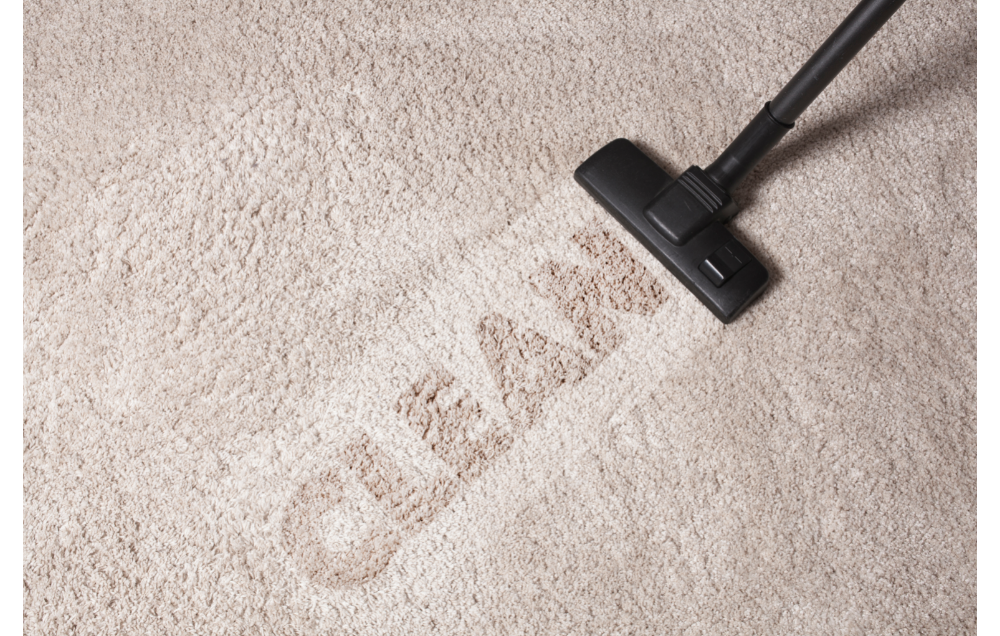 Vacuum cleaner on a beige carpet, revealing the word