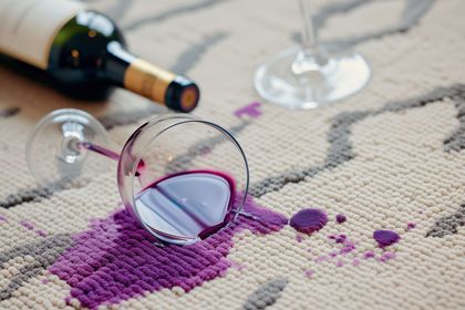 Red wine spilled on a patterned rug; a toppled glass, a bottle, and stains - South West Ultra Dry Carpet Cleaning Red wine spilled on a patterned rug; a toppled glass, a bottle, and stains - South West Ultra Dry Carpet Cleaning