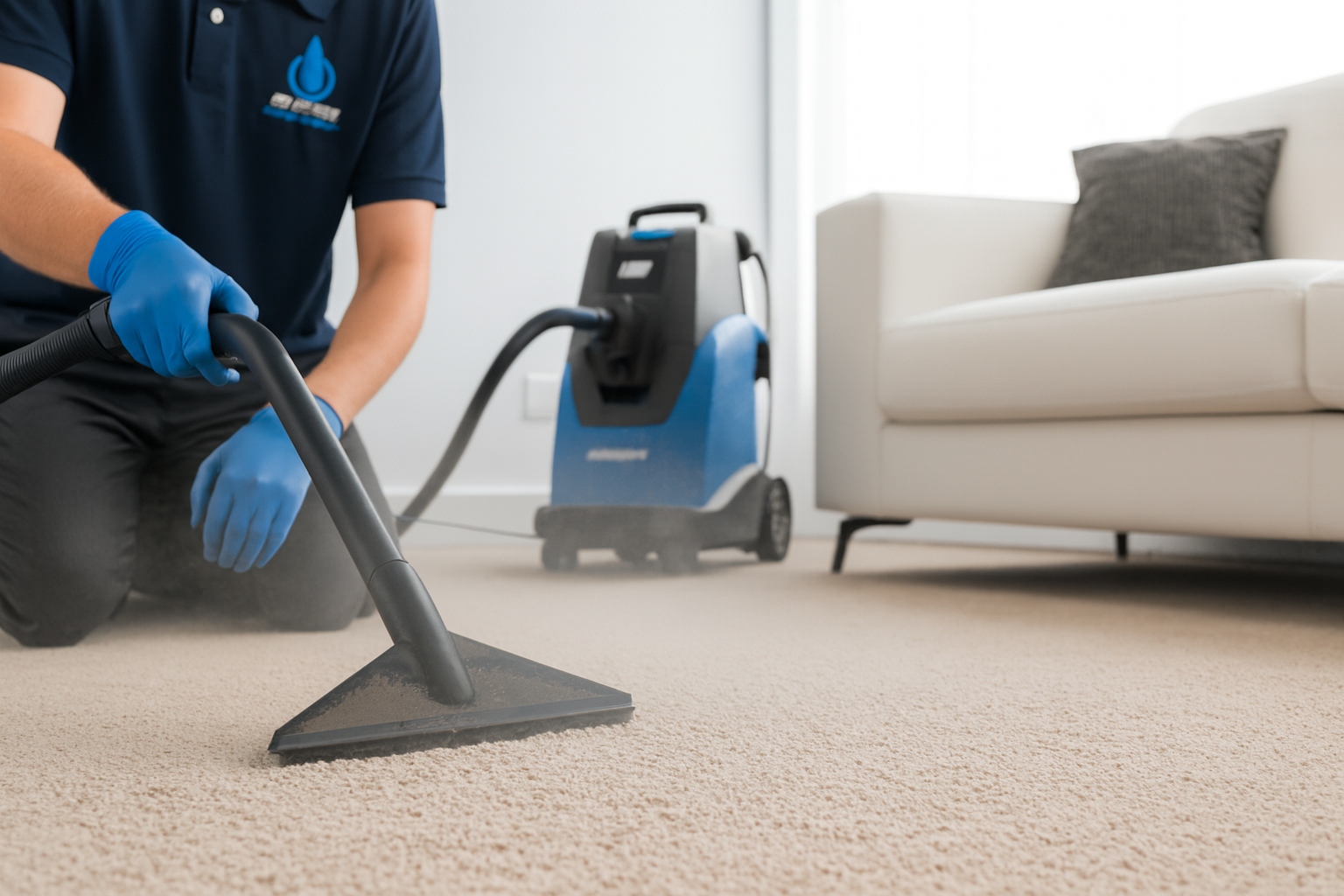 Professional carpet cleaning technician using extraction wand on beige carpet in modern living room.