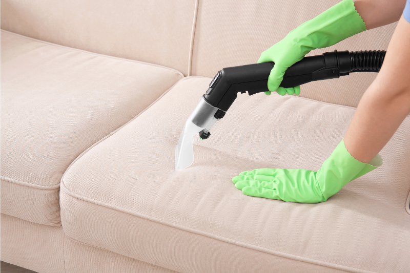 A professional cleaner wearing green gloves cleaning a sofa