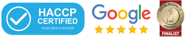 Logos for HACCP certification, Google five-star rating, and Local Business Award finalist.