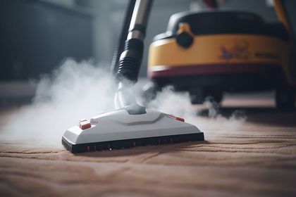 Steam cleaner head on wooden floor, releasing steam, with yellow and black machine in background.