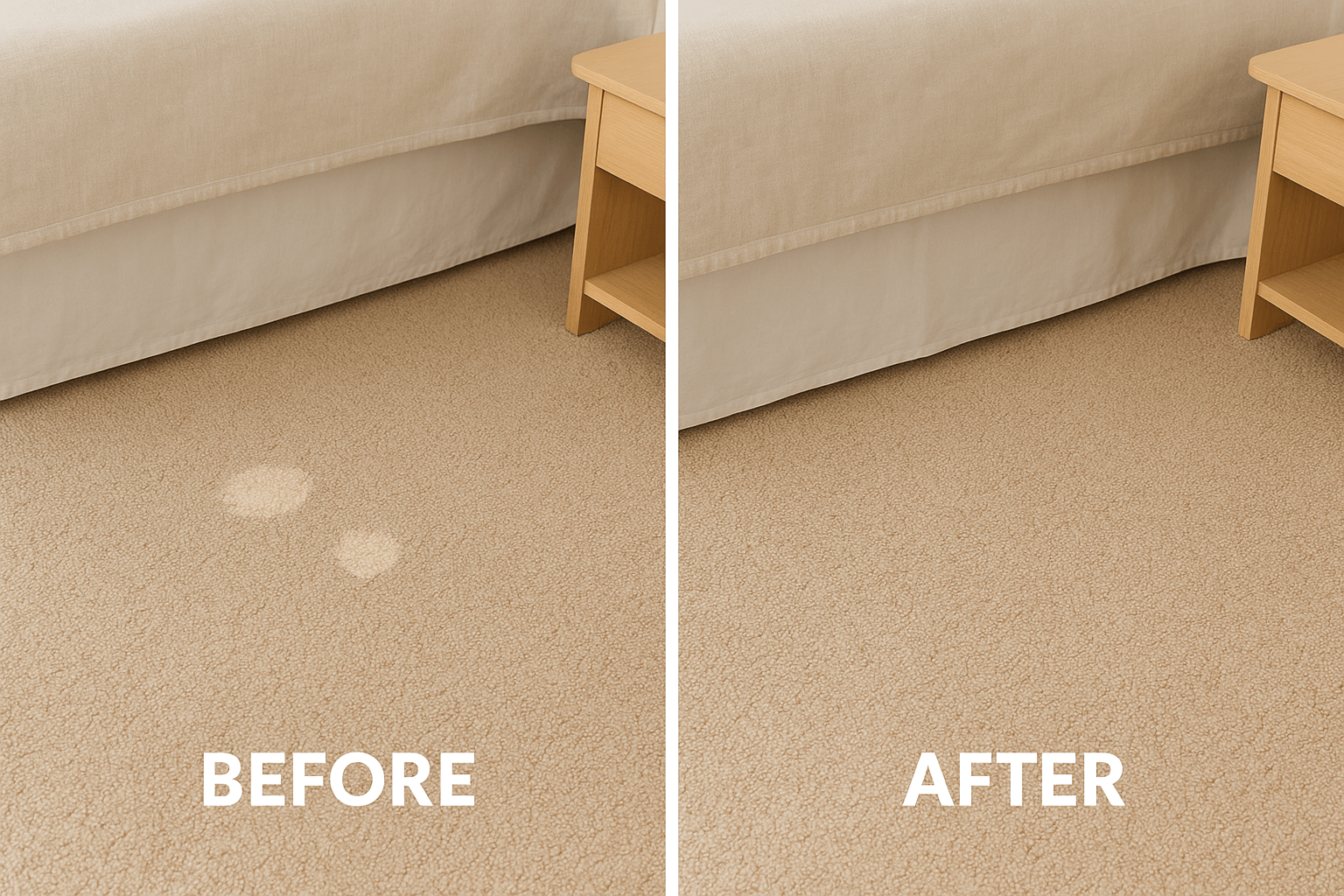 Before and after carpet stain removal: beige carpet with two stains, then clean.