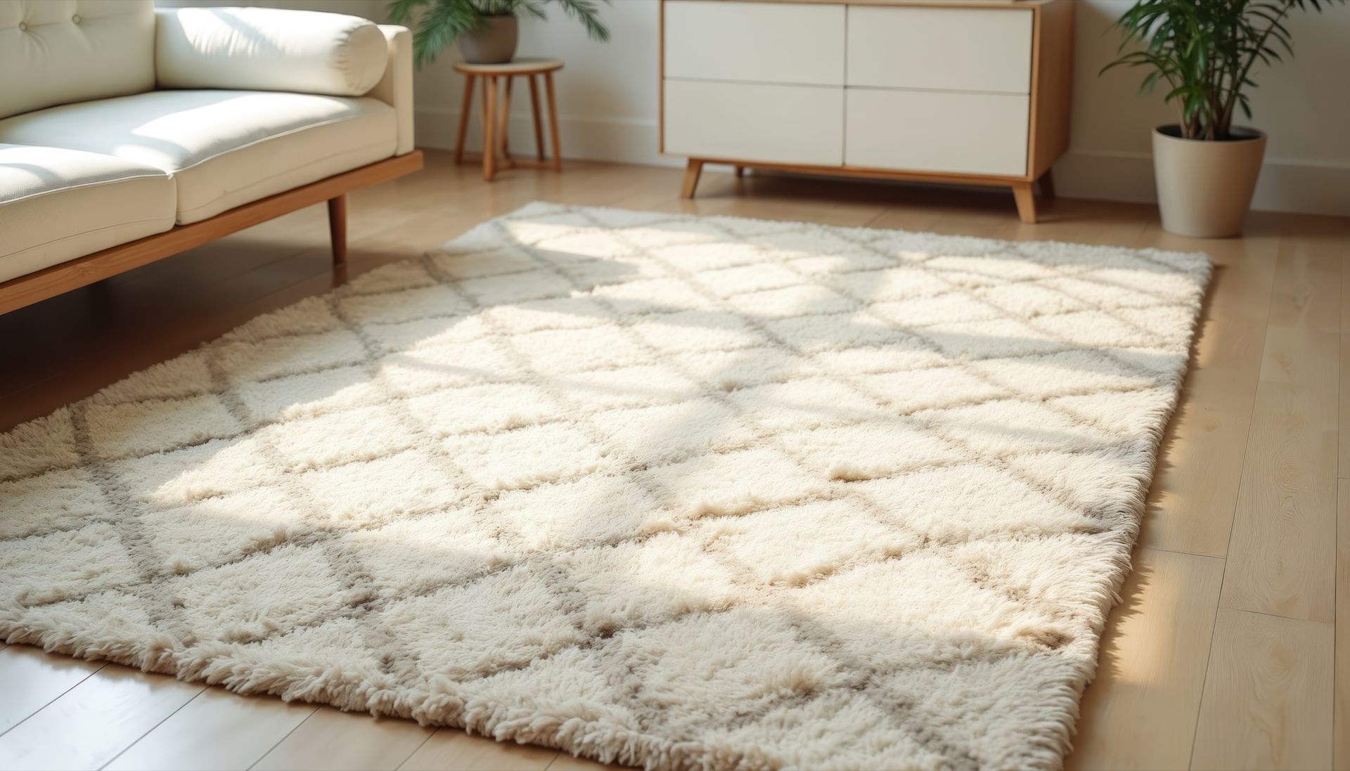 Cream-colored shaggy rug in a sunlit room, with a sofa and dresser.