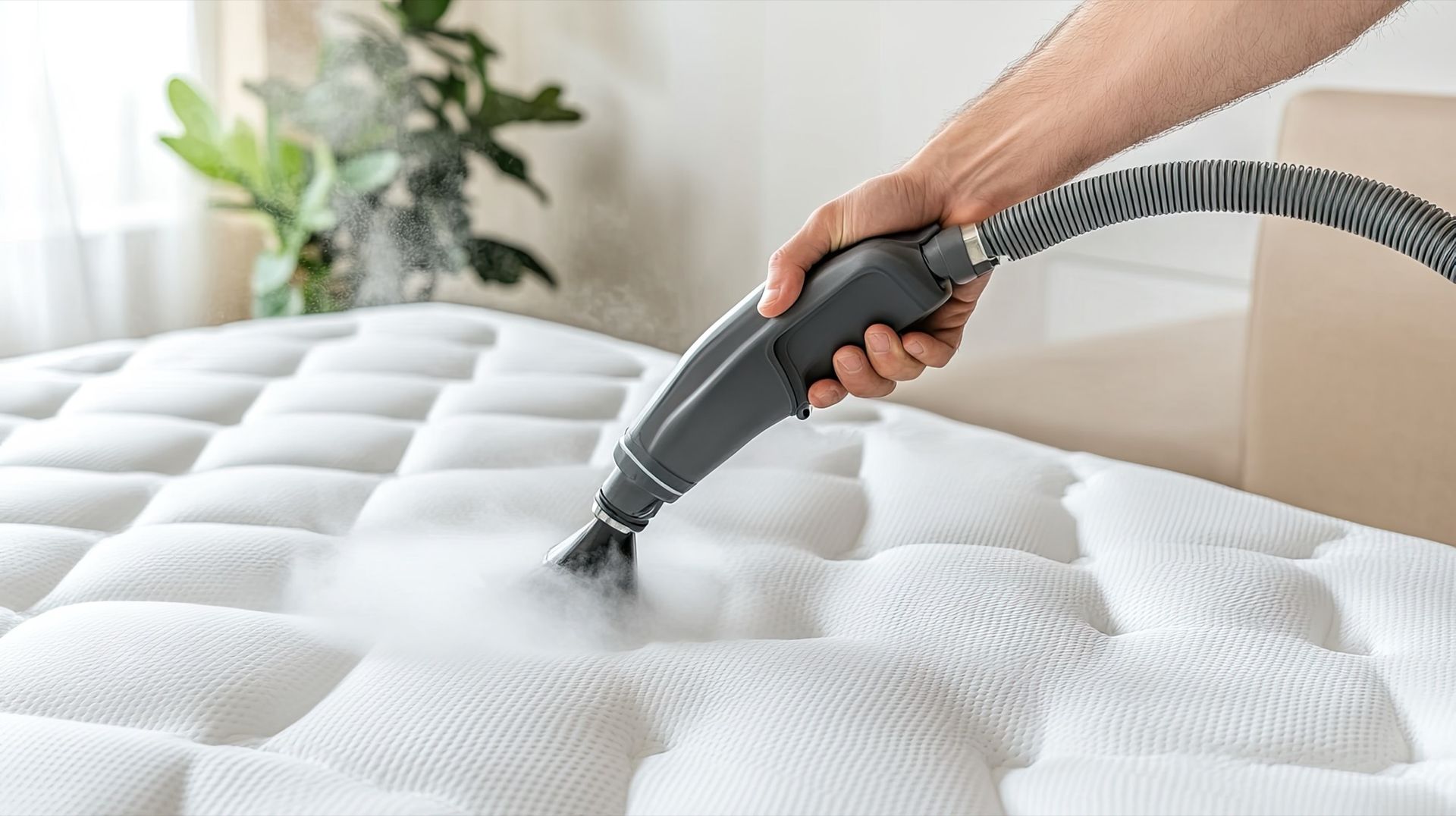 Hand holding a steam cleaner nozzle sanitizing a white tufted mattress