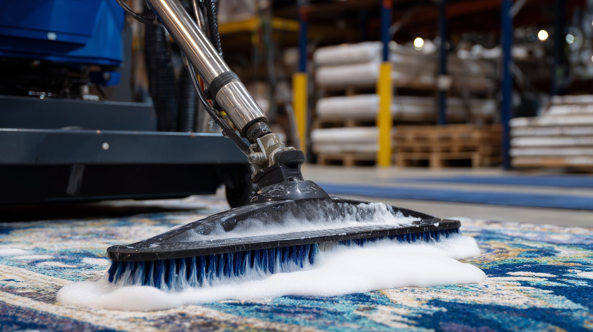 Floor cleaning machine scrubbing a rug, creating foamy suds in a warehouse setting.