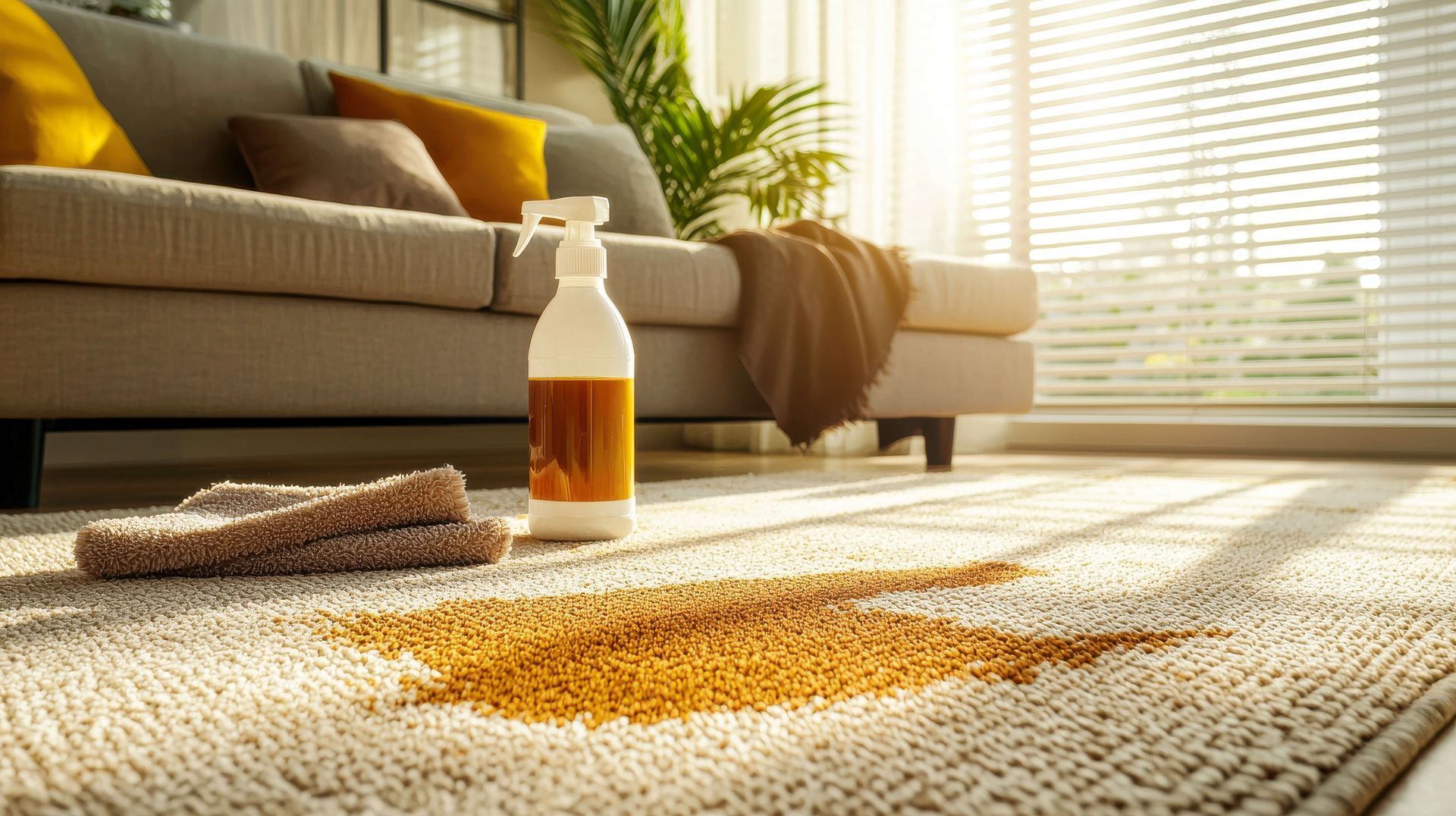 Carpet dye bottle beside a faded carpet ready for professional carpet dyeing restoration