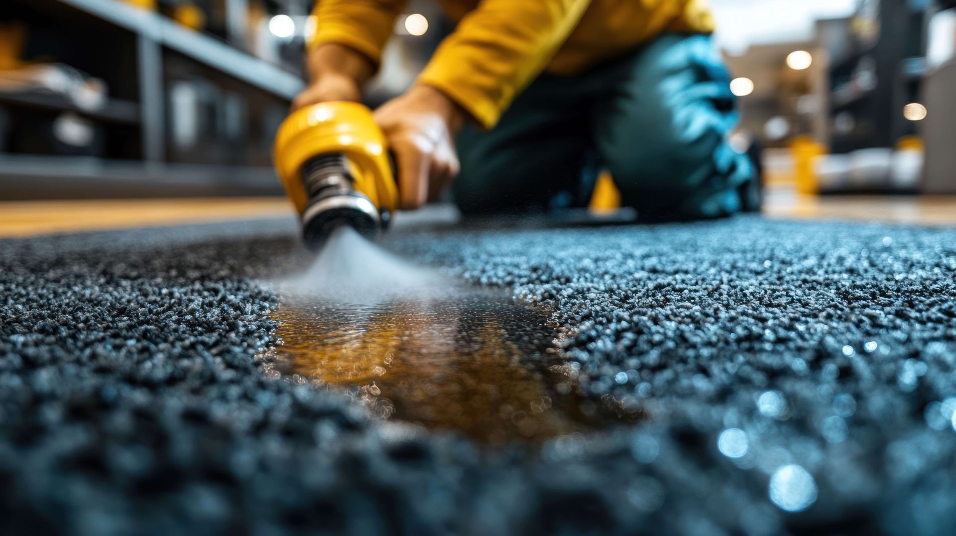 Person kneels, spraying water on a dark, textured carpet with a yellow hose.