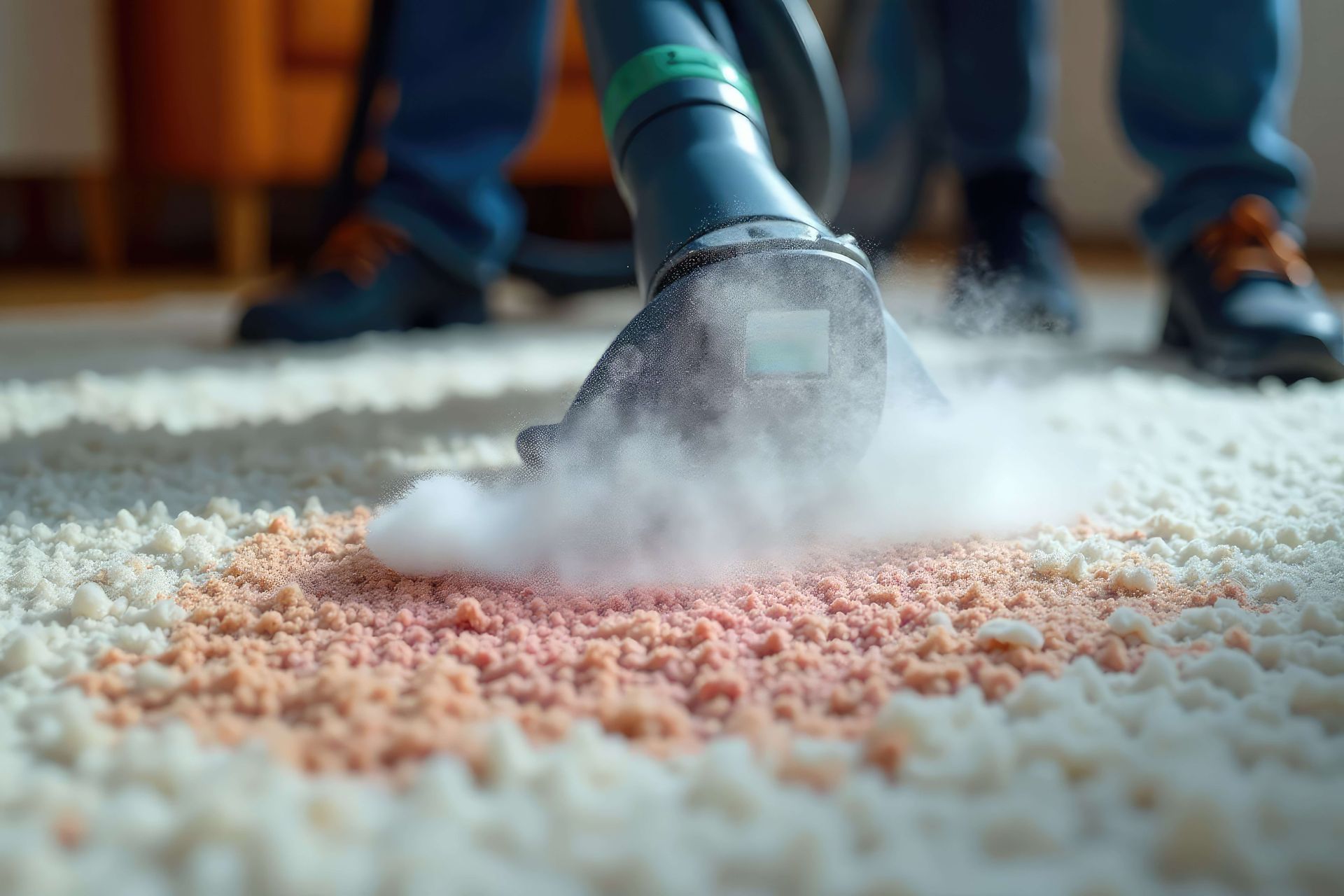 Steam cleaner cleaning a beige carpet stained with a light brown spot.