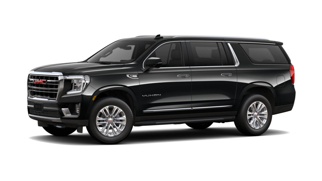A black gmc yukon suv is shown on a white background.
