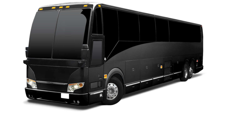 A black bus is parked on a white background.