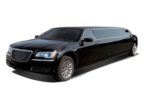 A black limousine is shown on a white background.